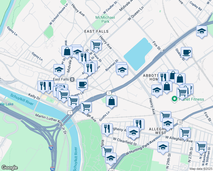 map of restaurants, bars, coffee shops, grocery stores, and more near 3431 Crawford Street in Philadelphia