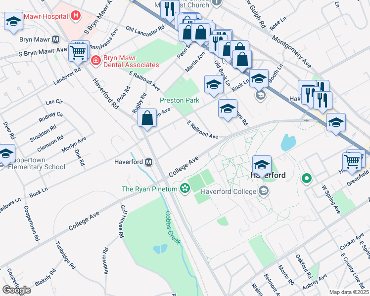 map of restaurants, bars, coffee shops, grocery stores, and more near 749 Millbrook Lane in Haverford
