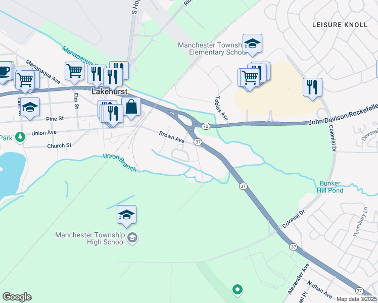 map of restaurants, bars, coffee shops, grocery stores, and more near 9 Geneva Road in Lakehurst