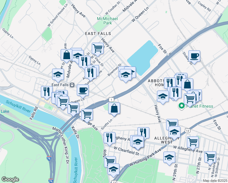 map of restaurants, bars, coffee shops, grocery stores, and more near 3301 Scotts Lane in Philadelphia