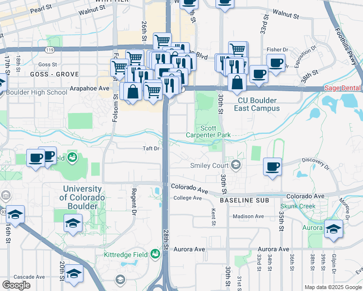 map of restaurants, bars, coffee shops, grocery stores, and more near 2877 Shadow Creek Drive in Boulder