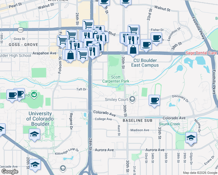 map of restaurants, bars, coffee shops, grocery stores, and more near 2877 Shadow Creek Drive in Boulder