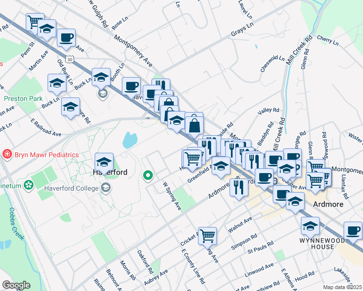 map of restaurants, bars, coffee shops, grocery stores, and more near 24 South Wyoming Avenue in Ardmore