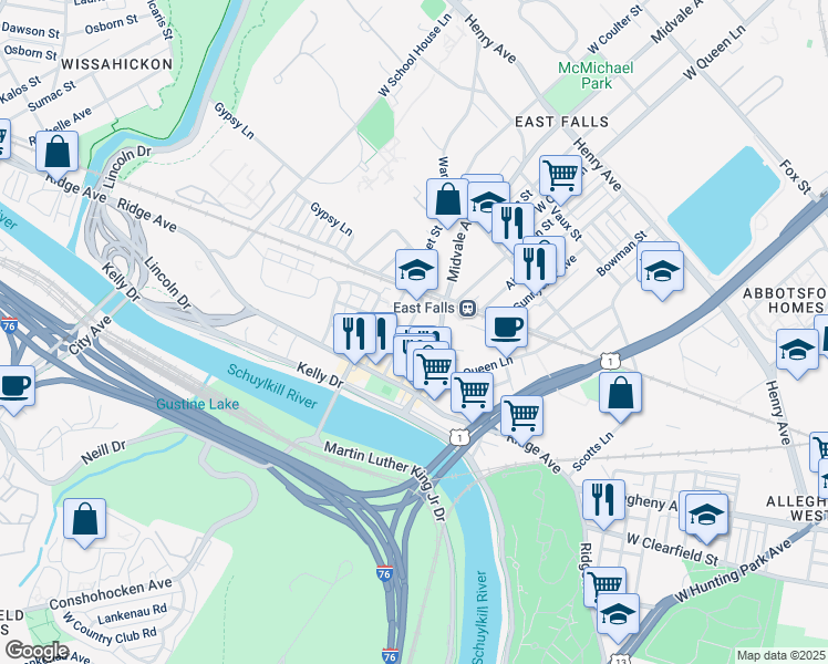 map of restaurants, bars, coffee shops, grocery stores, and more near 3674 Stanton Street in Philadelphia