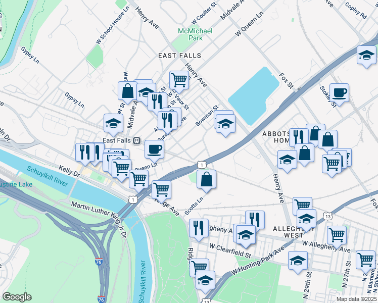 map of restaurants, bars, coffee shops, grocery stores, and more near 3331 Conrad Street in Philadelphia