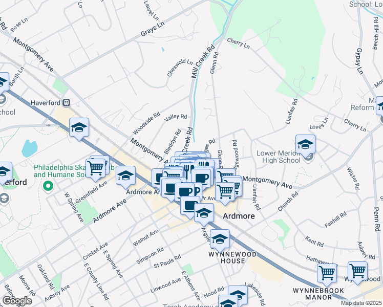 map of restaurants, bars, coffee shops, grocery stores, and more near 119 Mill Creek Road in Ardmore
