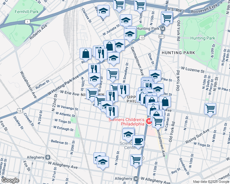 map of restaurants, bars, coffee shops, grocery stores, and more near 3734 North 17th Street in Philadelphia