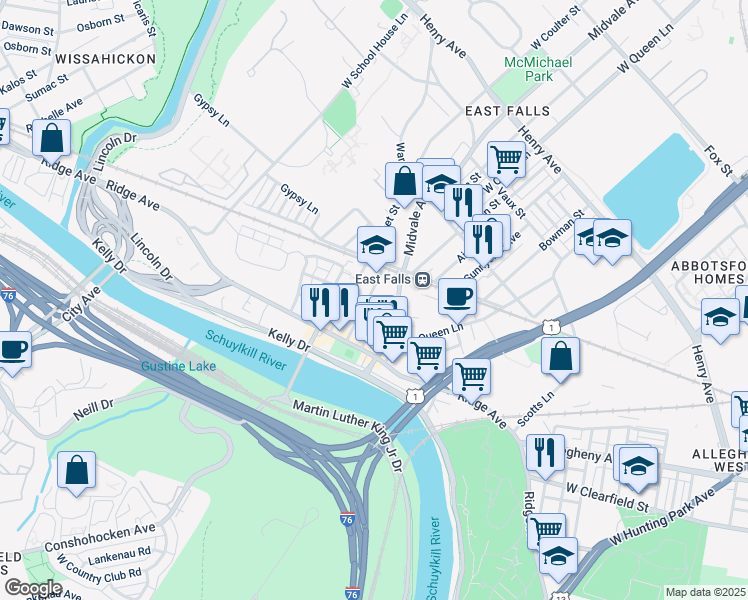 map of restaurants, bars, coffee shops, grocery stores, and more near 3674 Stanton Street in Philadelphia