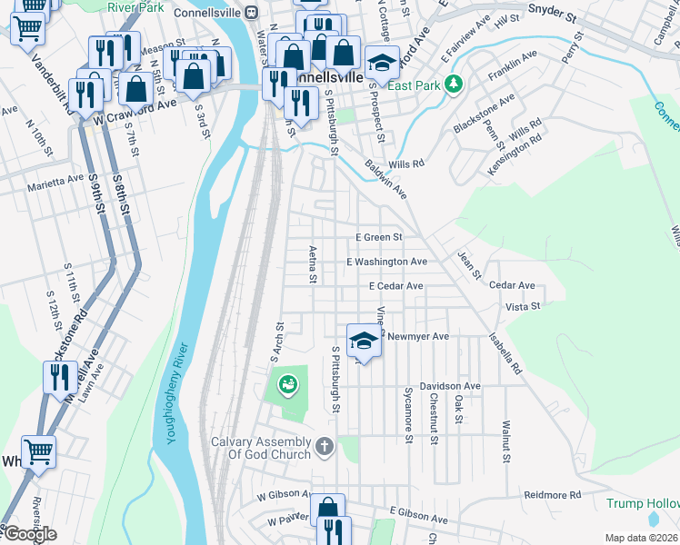 map of restaurants, bars, coffee shops, grocery stores, and more near 803 South Pittsburgh Street in Connellsville