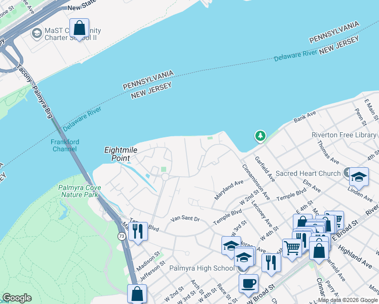 map of restaurants, bars, coffee shops, grocery stores, and more near 2071 Harbour Drive in Palmyra