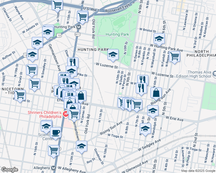 map of restaurants, bars, coffee shops, grocery stores, and more near 1007 W Butler St in Philadelphia