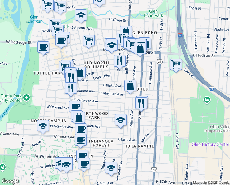 map of restaurants, bars, coffee shops, grocery stores, and more near 232 East Maynard Avenue in Columbus