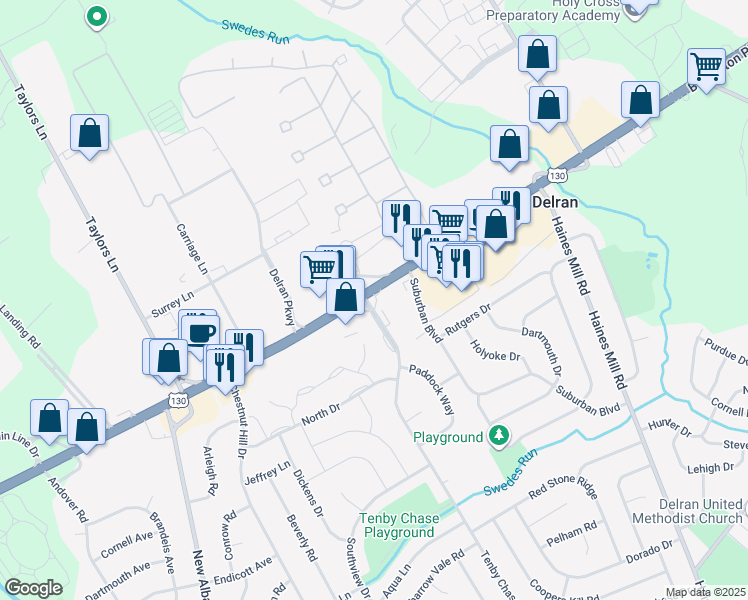 map of restaurants, bars, coffee shops, grocery stores, and more near 3000 U.S. 130 in Delran