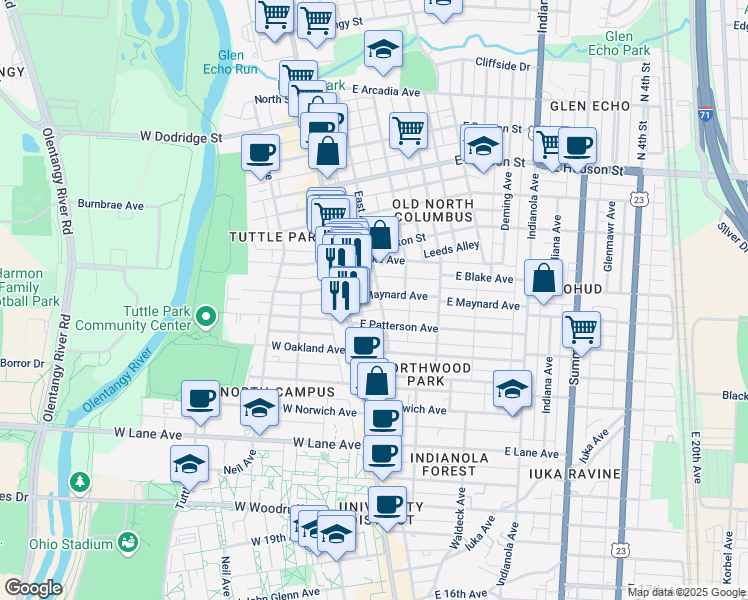 map of restaurants, bars, coffee shops, grocery stores, and more near 43 East Maynard Avenue in Columbus