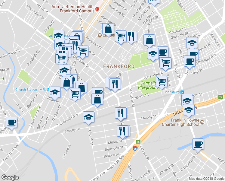 map of restaurants, bars, coffee shops, grocery stores, and more near 2031 Orthodox Street in Philadelphia