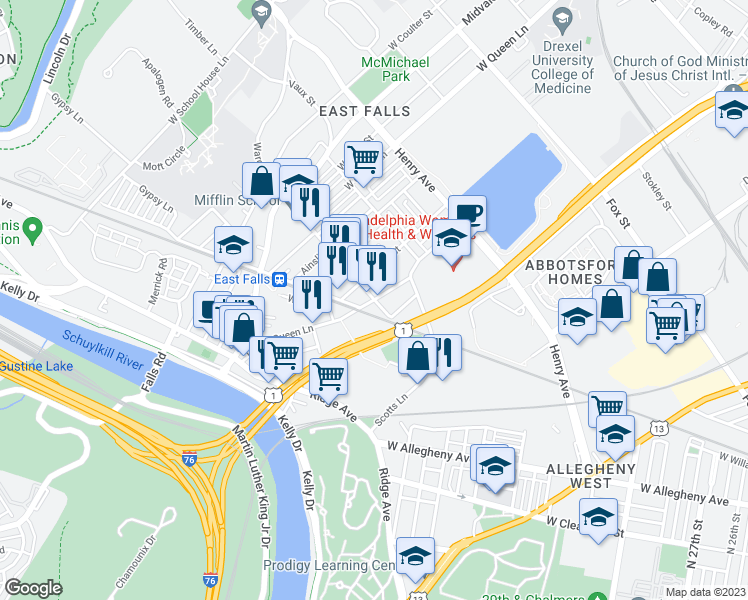 map of restaurants, bars, coffee shops, grocery stores, and more near Indian Queen Ln & Conrad St in Philadelphia