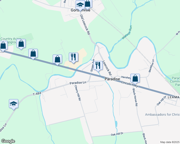 map of restaurants, bars, coffee shops, grocery stores, and more near 3085 Lincoln Highway in Paradise