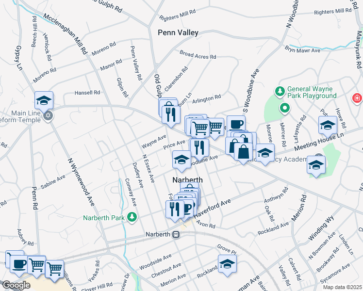 map of restaurants, bars, coffee shops, grocery stores, and more near 325 Grayling Avenue in Narberth