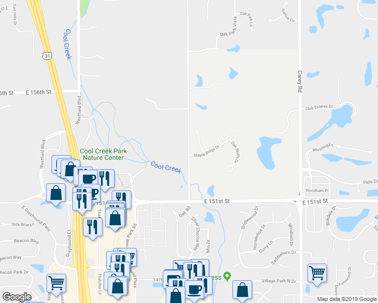 map of restaurants, bars, coffee shops, grocery stores, and more near 15340 Oak Road in Carmel
