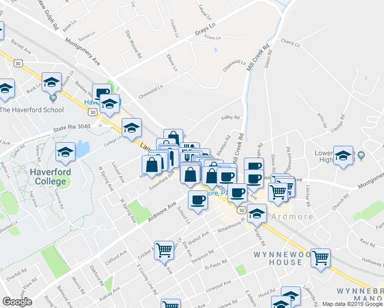 map of restaurants, bars, coffee shops, grocery stores, and more near 102 West Montgomery Avenue in Ardmore