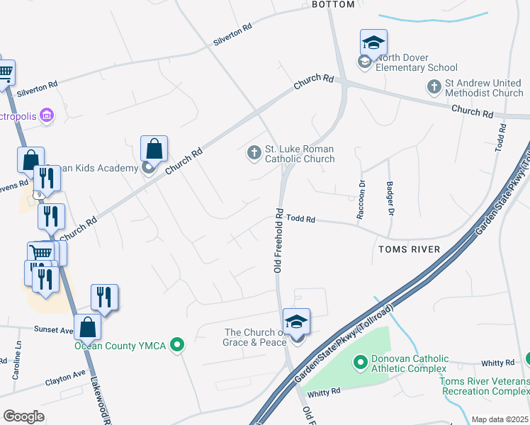 map of restaurants, bars, coffee shops, grocery stores, and more near 1290 Todd Road in Toms River