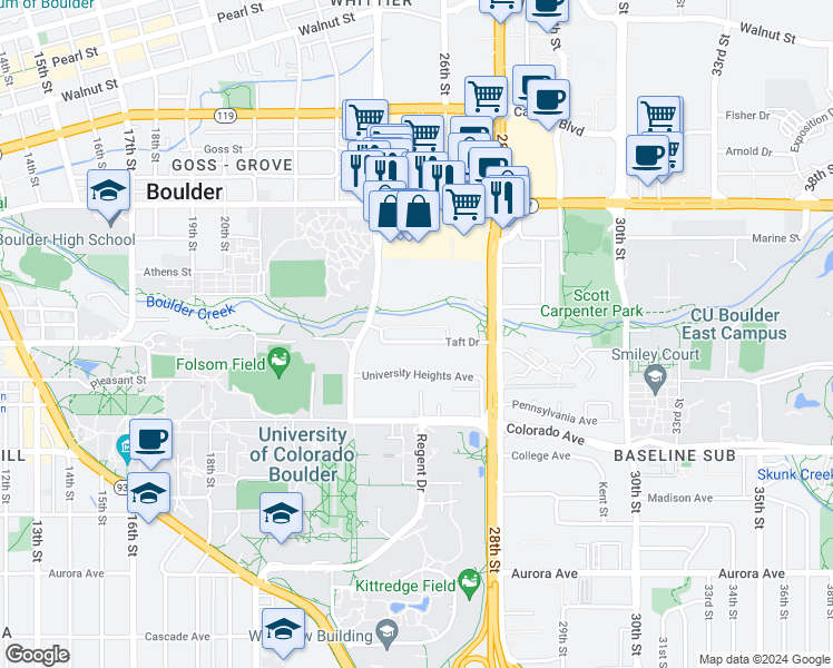 map of restaurants, bars, coffee shops, grocery stores, and more near 2525 Taft Drive in Boulder