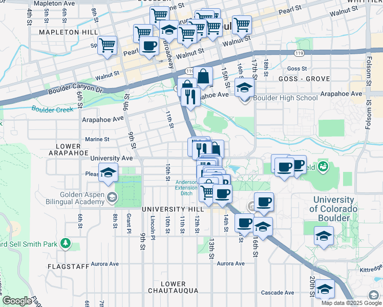 map of restaurants, bars, coffee shops, grocery stores, and more near 1405 Broadway in Boulder