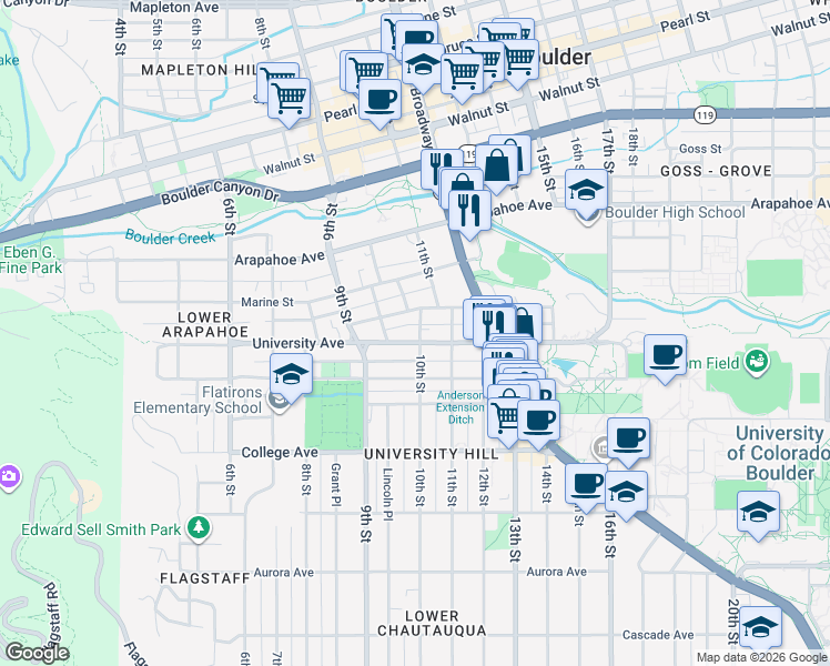 map of restaurants, bars, coffee shops, grocery stores, and more near 966 Grandview Avenue in Boulder