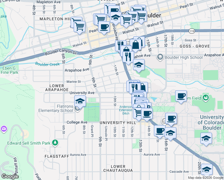 map of restaurants, bars, coffee shops, grocery stores, and more near 966 Grandview Avenue in Boulder