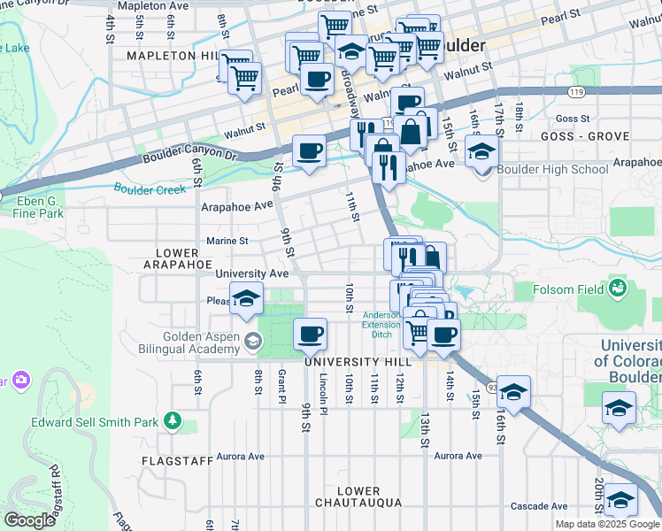 map of restaurants, bars, coffee shops, grocery stores, and more near 966 Grandview Avenue in Boulder