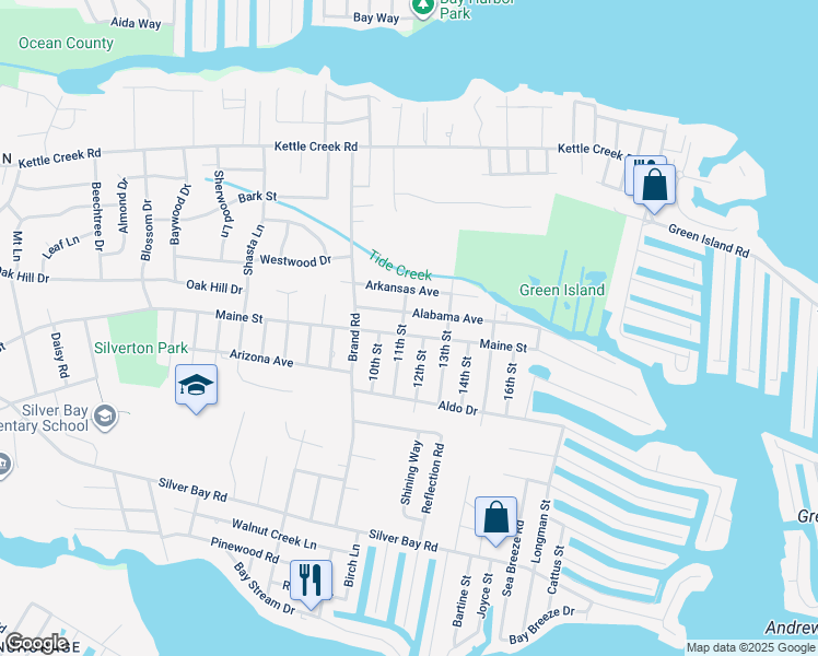 map of restaurants, bars, coffee shops, grocery stores, and more near 90 11th Street in Toms River