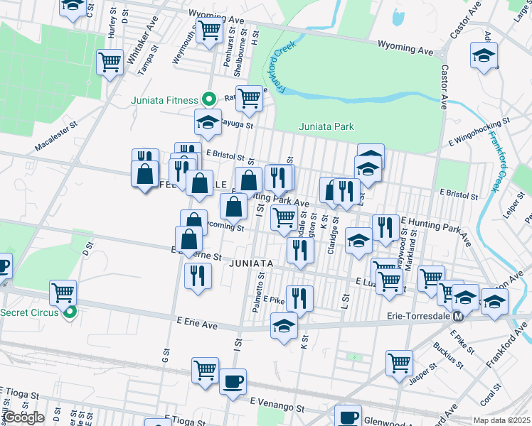 map of restaurants, bars, coffee shops, grocery stores, and more near 4139 I Street in Philadelphia