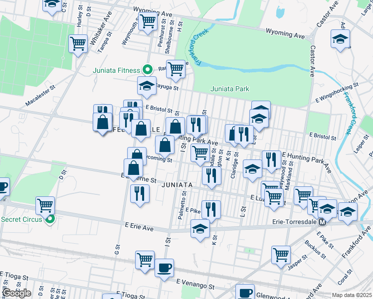 map of restaurants, bars, coffee shops, grocery stores, and more near 4139 I Street in Philadelphia