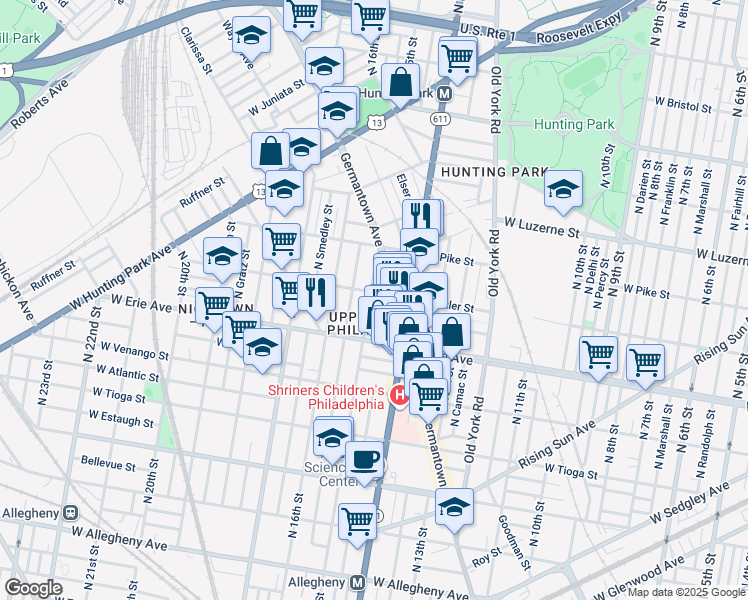 map of restaurants, bars, coffee shops, grocery stores, and more near 3759 North Sydenham Street in Philadelphia