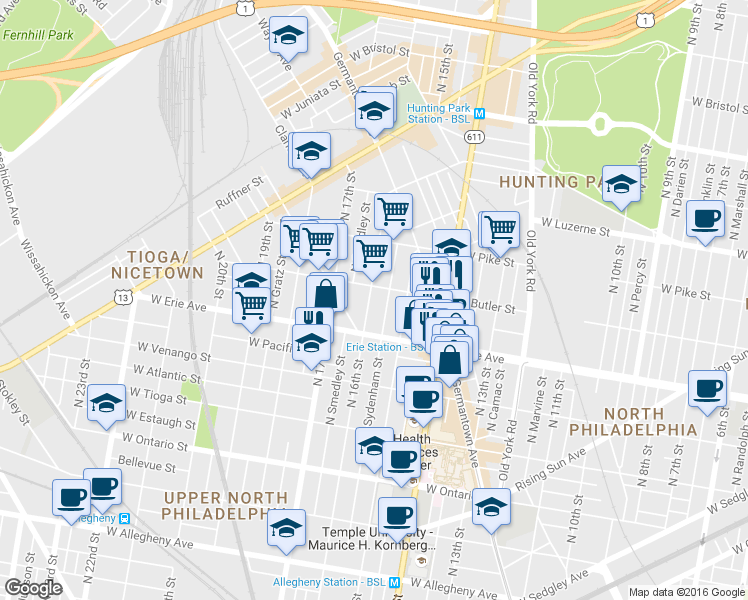 map of restaurants, bars, coffee shops, grocery stores, and more near 3742 North 16th Street in Philadelphia