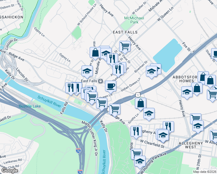 map of restaurants, bars, coffee shops, grocery stores, and more near in Philadelphia