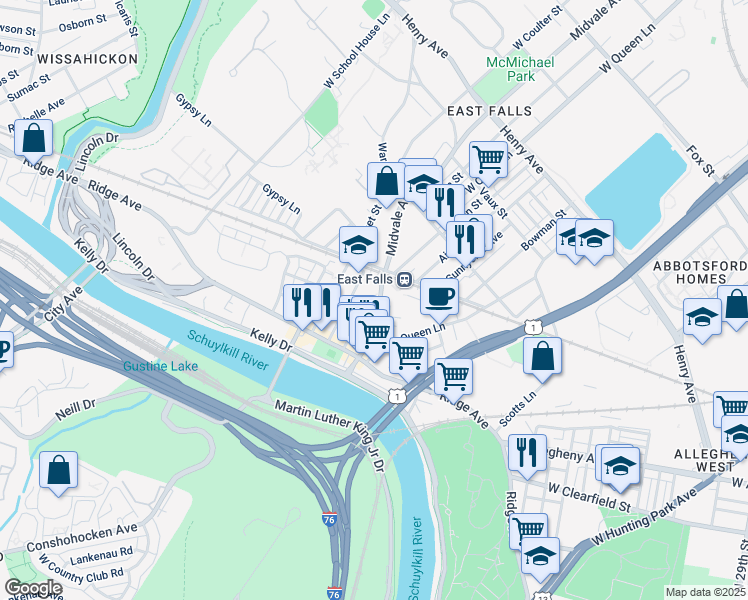 map of restaurants, bars, coffee shops, grocery stores, and more near 3667 Midvale Avenue in Philadelphia