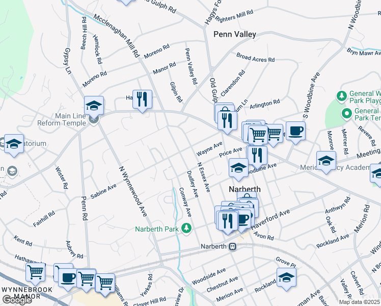 map of restaurants, bars, coffee shops, grocery stores, and more near 425 Dudley Avenue in Narberth