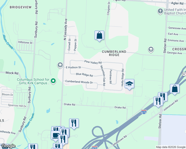 map of restaurants, bars, coffee shops, grocery stores, and more near 3158 Blue Ridge Road in Columbus