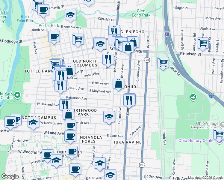 map of restaurants, bars, coffee shops, grocery stores, and more near 2339 Indianola Avenue in Columbus