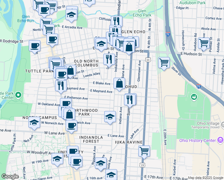 map of restaurants, bars, coffee shops, grocery stores, and more near 2339 Indianola Avenue in Columbus