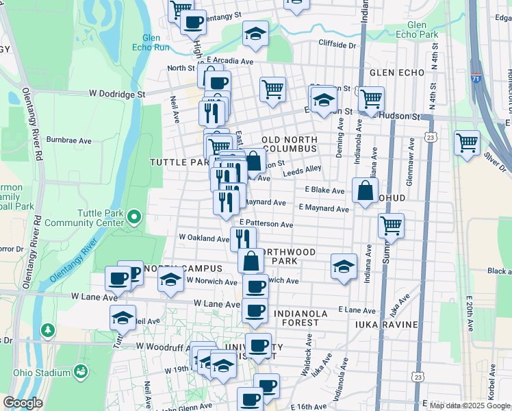 map of restaurants, bars, coffee shops, grocery stores, and more near 63 East Maynard Avenue in Columbus