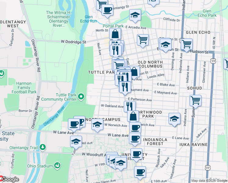 map of restaurants, bars, coffee shops, grocery stores, and more near 45 West Maynard Avenue in Columbus