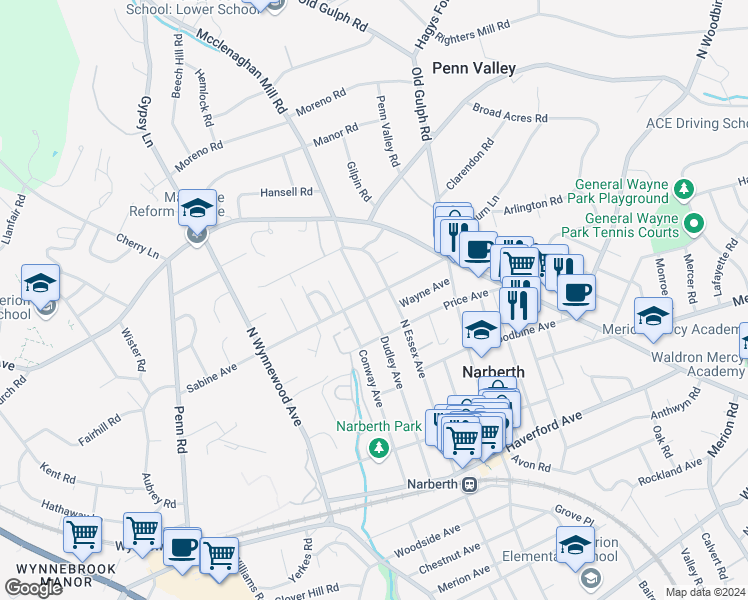 map of restaurants, bars, coffee shops, grocery stores, and more near 425 Dudley Avenue in Narberth