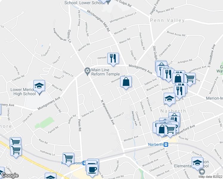 map of restaurants, bars, coffee shops, grocery stores, and more near 523 Homewood Avenue in Narberth