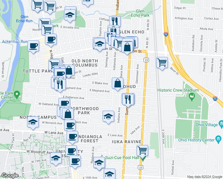 map of restaurants, bars, coffee shops, grocery stores, and more near 2329 Indianola Avenue in Columbus