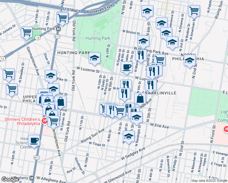 map of restaurants, bars, coffee shops, grocery stores, and more near 3849 North Darien Street in Philadelphia