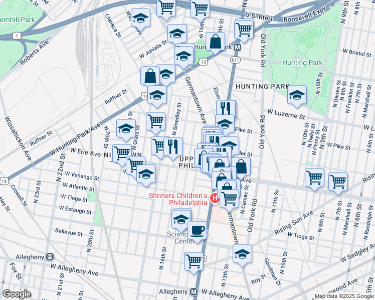 map of restaurants, bars, coffee shops, grocery stores, and more near 3744 North Sydenham Street in Philadelphia