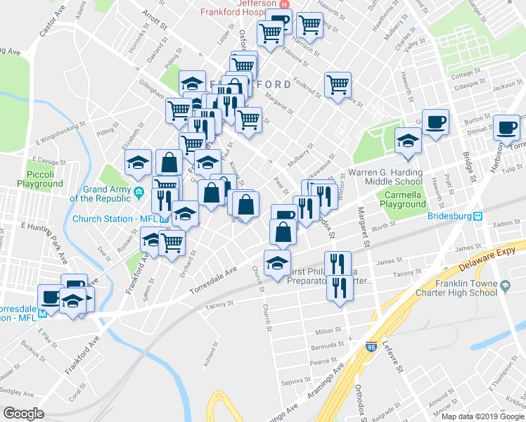 map of restaurants, bars, coffee shops, grocery stores, and more near 4508 Tackawanna Street in Philadelphia