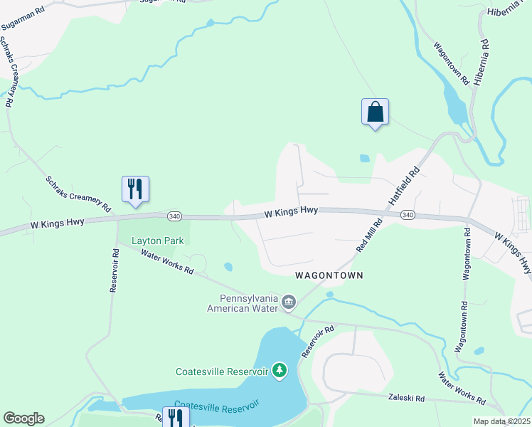map of restaurants, bars, coffee shops, grocery stores, and more near 577 West Kings Highway in Coatesville